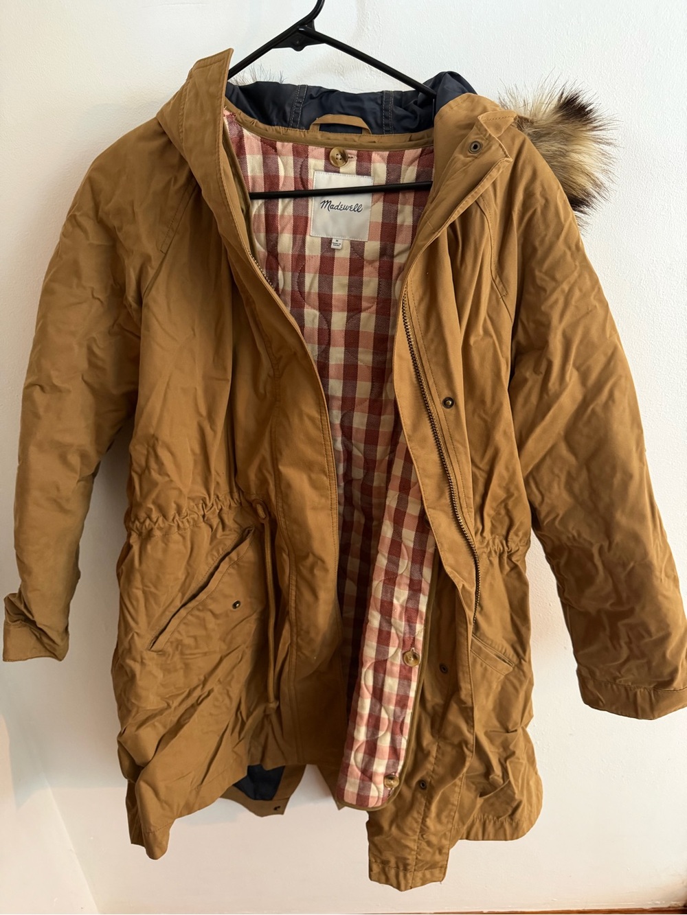 Madewell Tan Hooded Puffer Parka with Faux Fur Trim